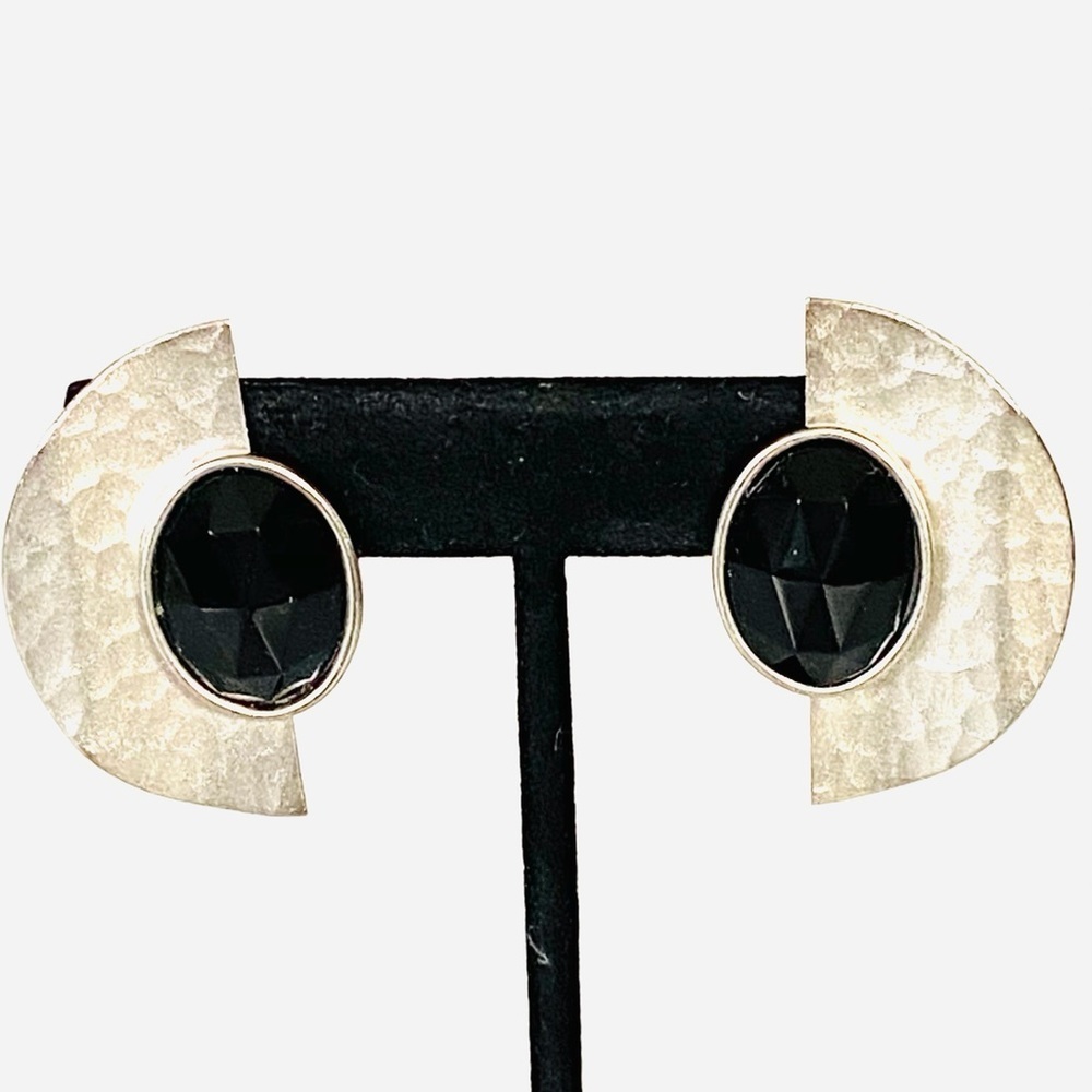 Vintage Clips Earrings Art Deco Black Silver Tone Hammer Metal Geometric